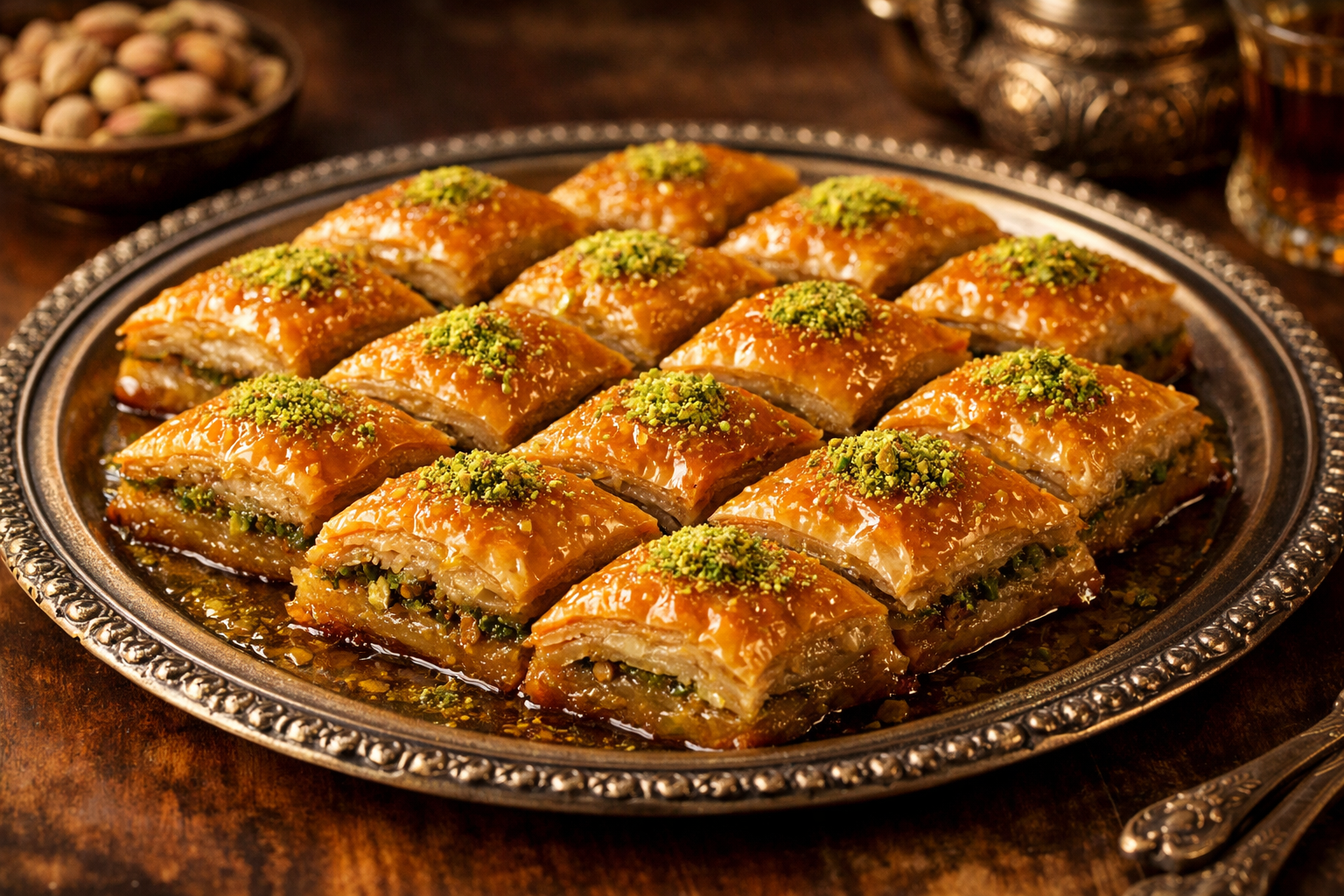 Antep fıstıklı baklava tabağı altın sarısı