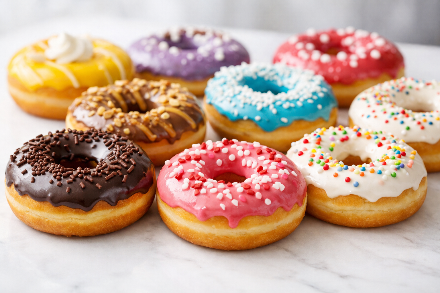 Renkli glazürlü donut çeşitleri taze