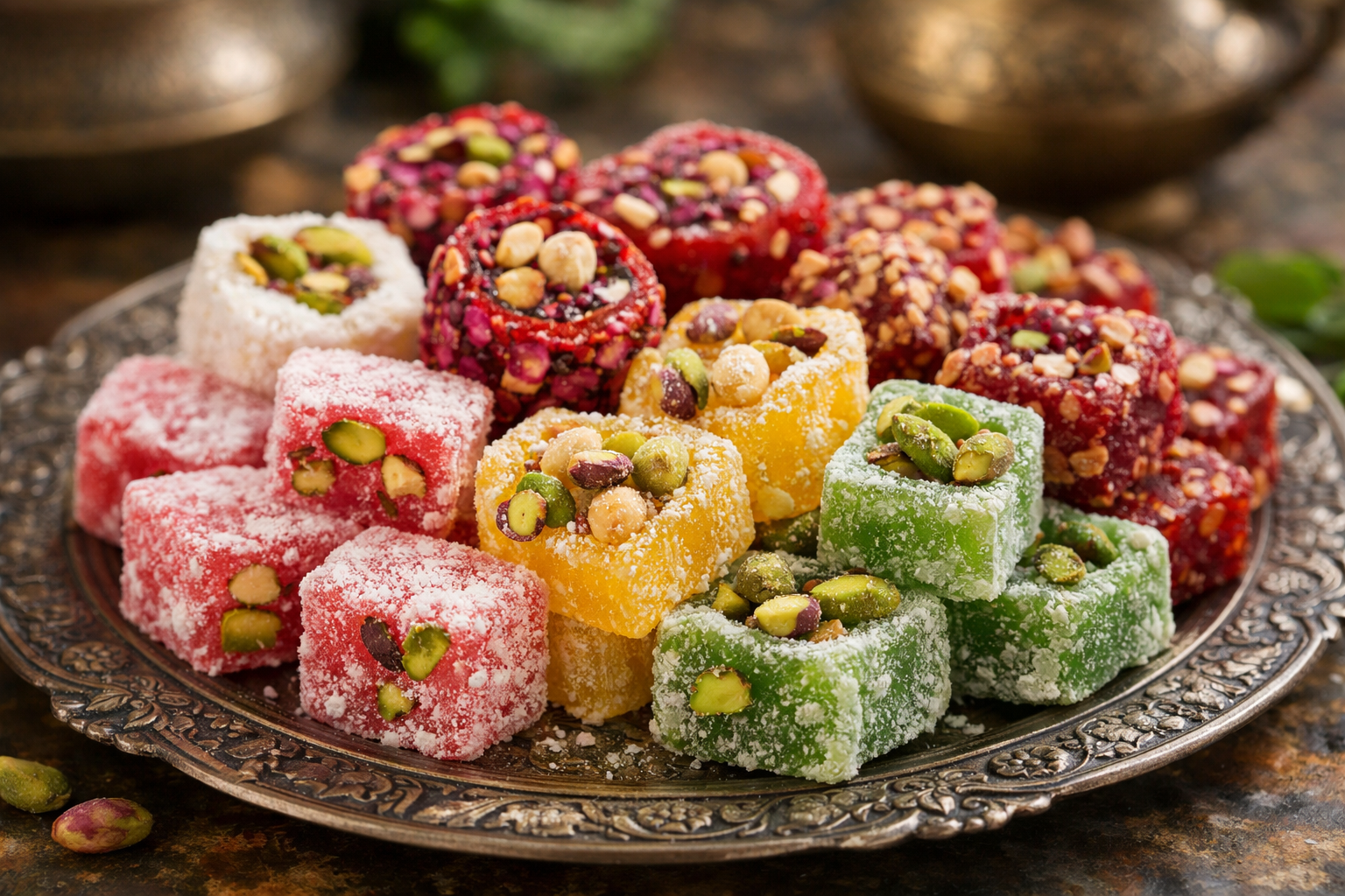 Renkli Türk lokumu çeşitleri antep fıstıklı